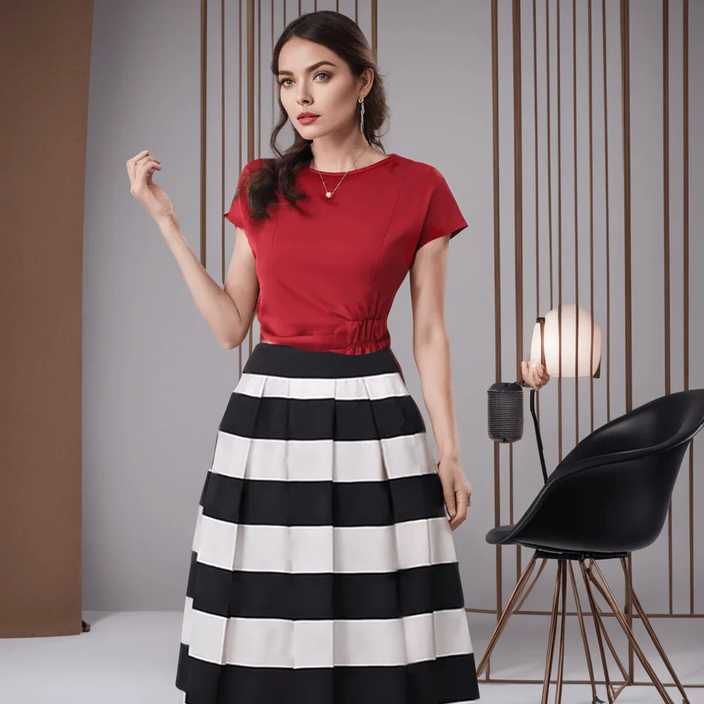 Conjunto Beleza Pura™: Saia com Listras Notáveis e Blusa Elegante! - ModernLar