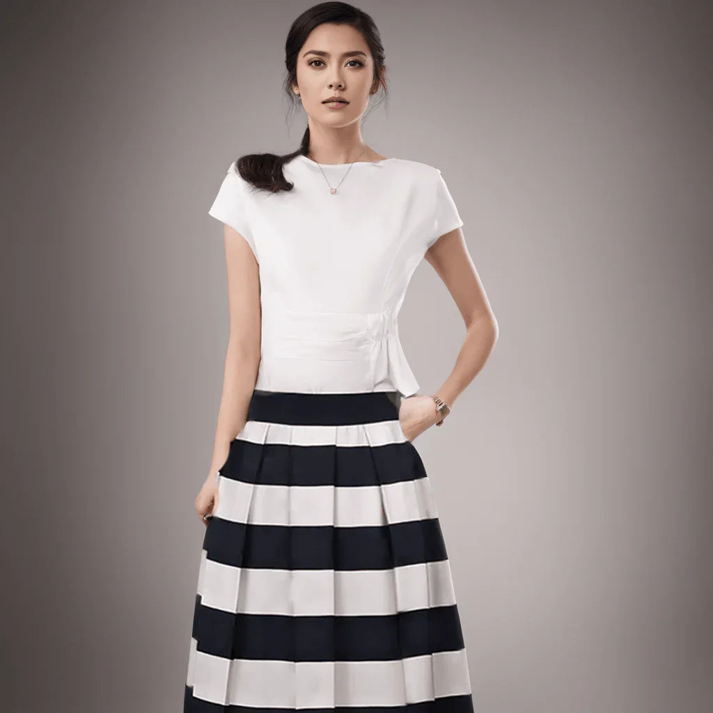 Conjunto Beleza Pura™: Saia com Listras Notáveis e Blusa Elegante! - ModernLar
