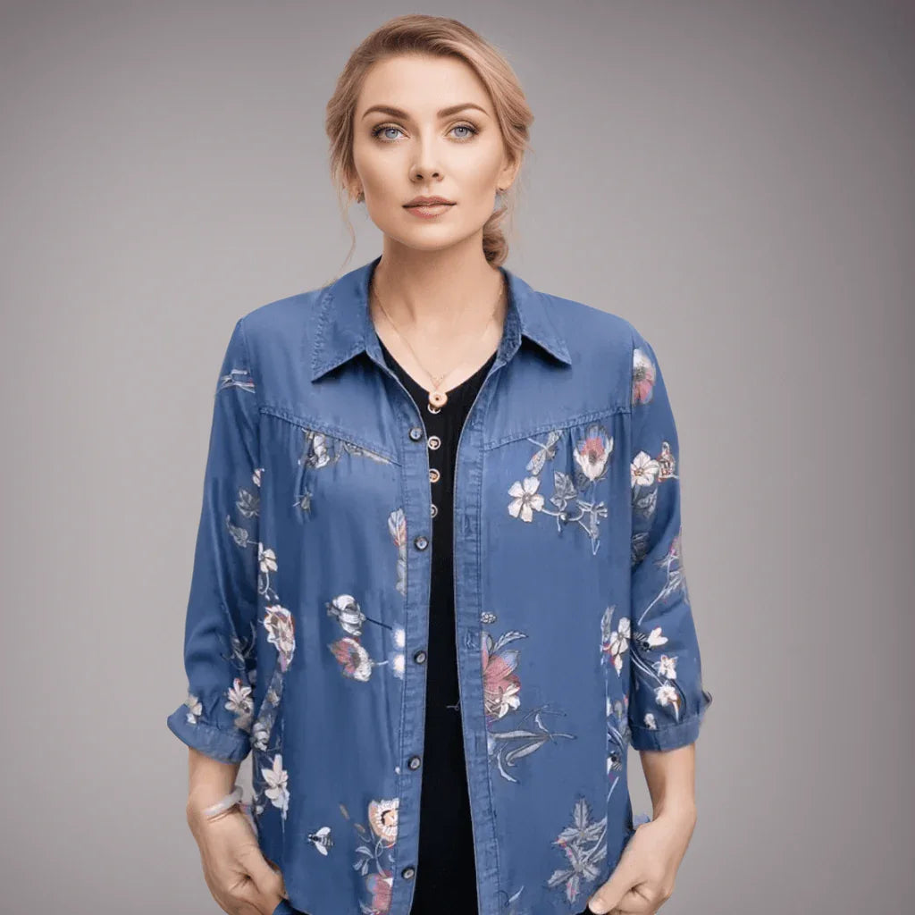 Camisa Jeans Floral Carmen™ - Elegância Floral com Um Toque de Vintage para Primavera e Verão! - ModernLar