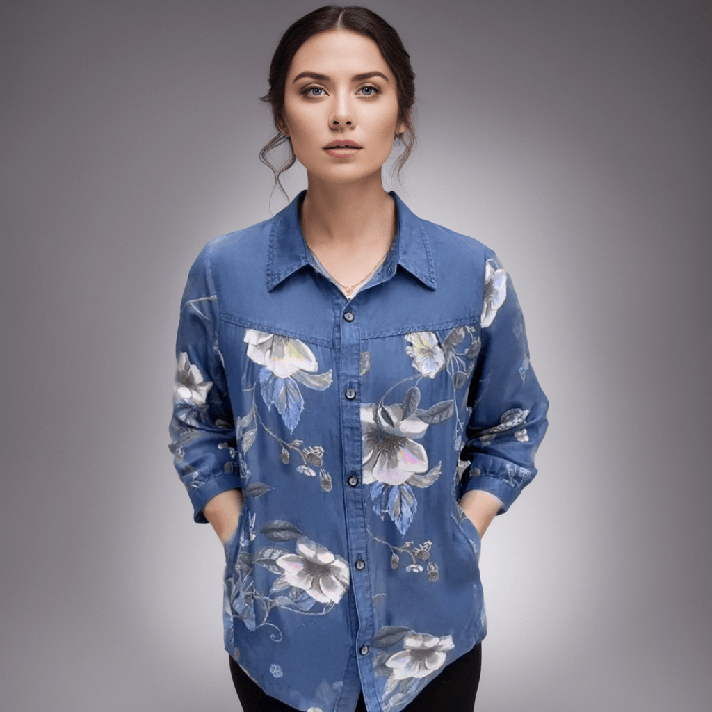Camisa Jeans Floral Carmen™ - Elegância Floral com Um Toque de Vintage para Primavera e Verão! - ModernLar