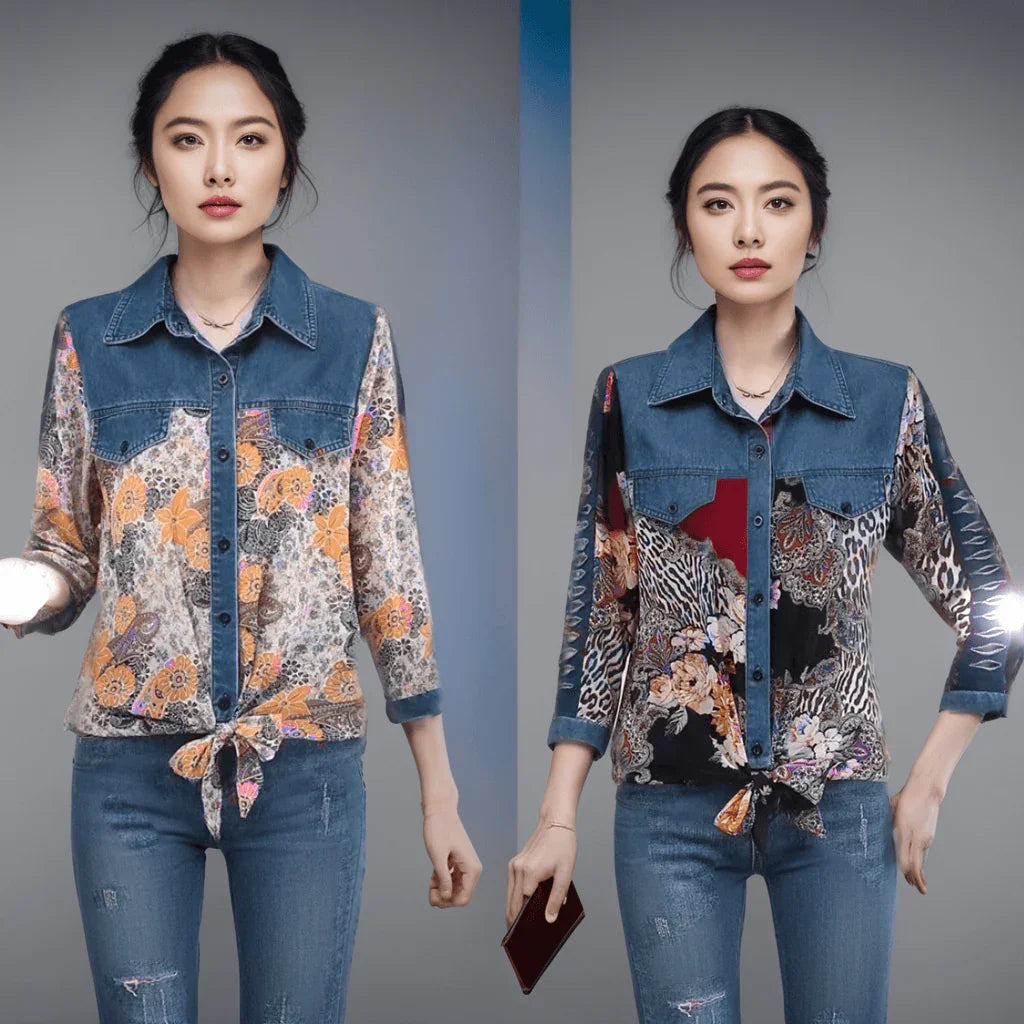 Camisa Jeans Retro Isabella™ - Estampas Vintage e Amarração para uma Moda Contemporânea. - ModernLar