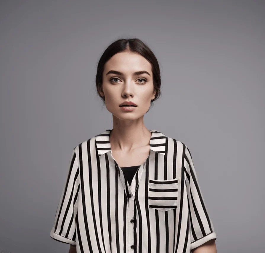 (Promoção Compre 1, Leve 2) Kit de Camisas Mirella: Listras Delicadas & Elegância em Dose Dupla! - ModernLar