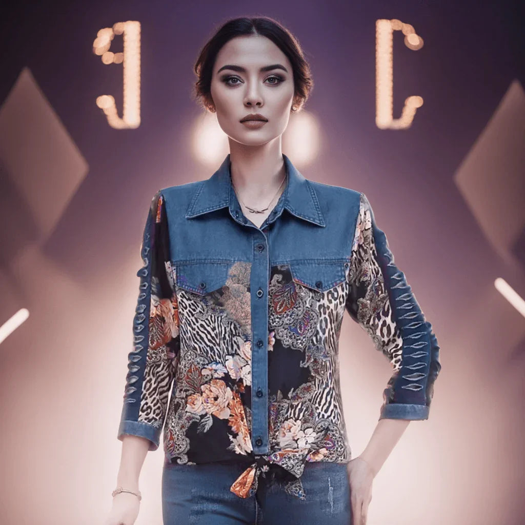Camisa Jeans Retro Isabella™ - Estampas Vintage e Amarração para uma Moda Contemporânea. - ModernLar