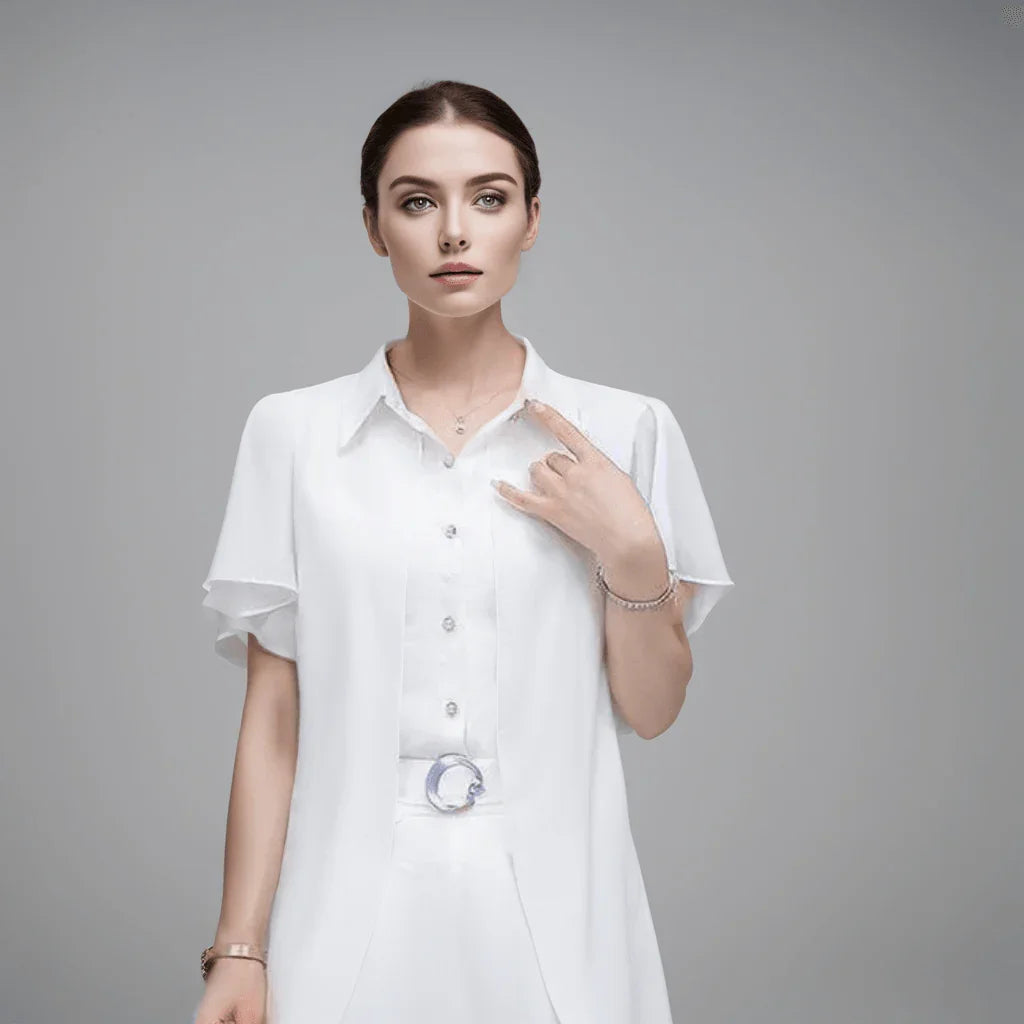 Conjunto Abravanel™ de Camisa com Cardigã Sobreposto + Calça Alfaiataria / Elegância Atemporal para a Mulher Moderna! - ModernLar