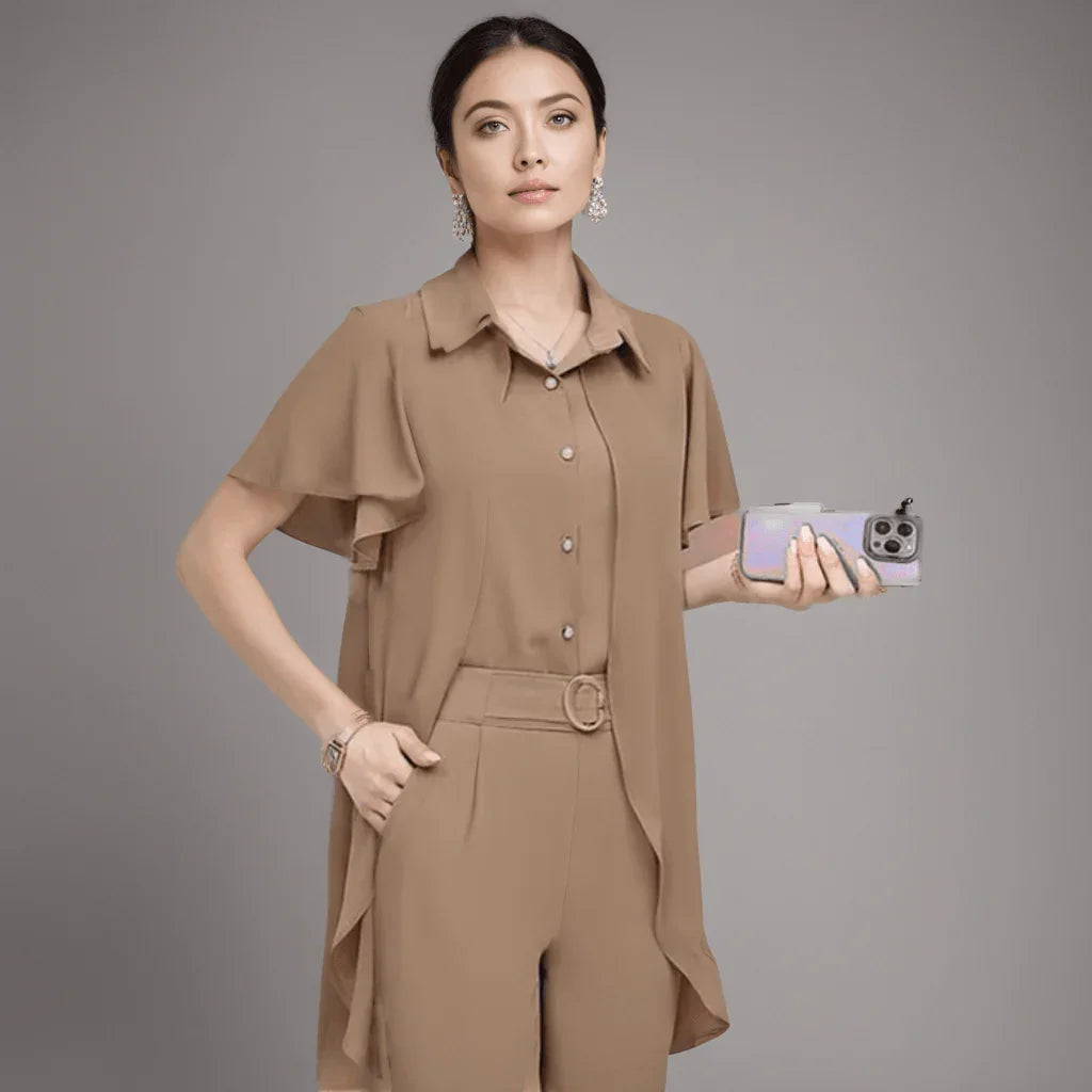 Conjunto Abravanel™ de Camisa com Cardigã Sobreposto + Calça Alfaiataria / Elegância Atemporal para a Mulher Moderna! - ModernLar