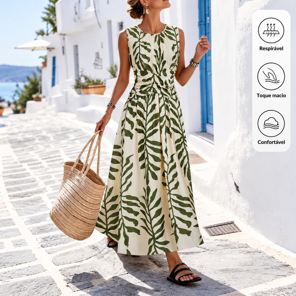 Vestido Florença™ com Estampa de Folhagem Delicada, Cintura Drapeada e Saia Longa Evasê
