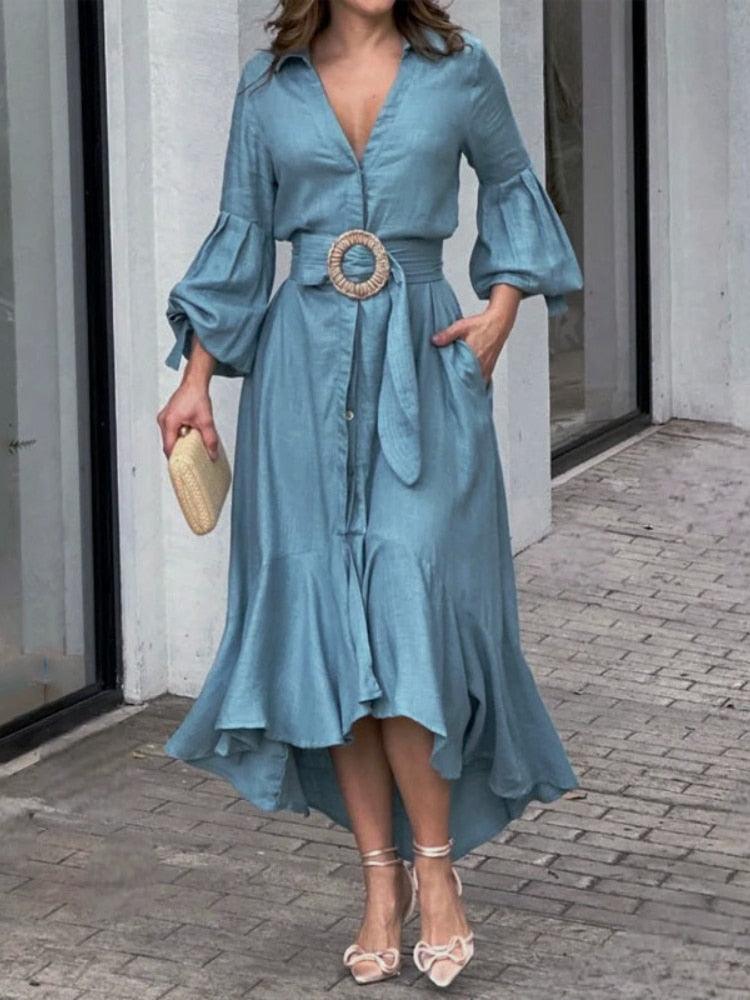 Vestido Kourtney™ com Mangas em Lapela e Saia com Babado! - ModernLar