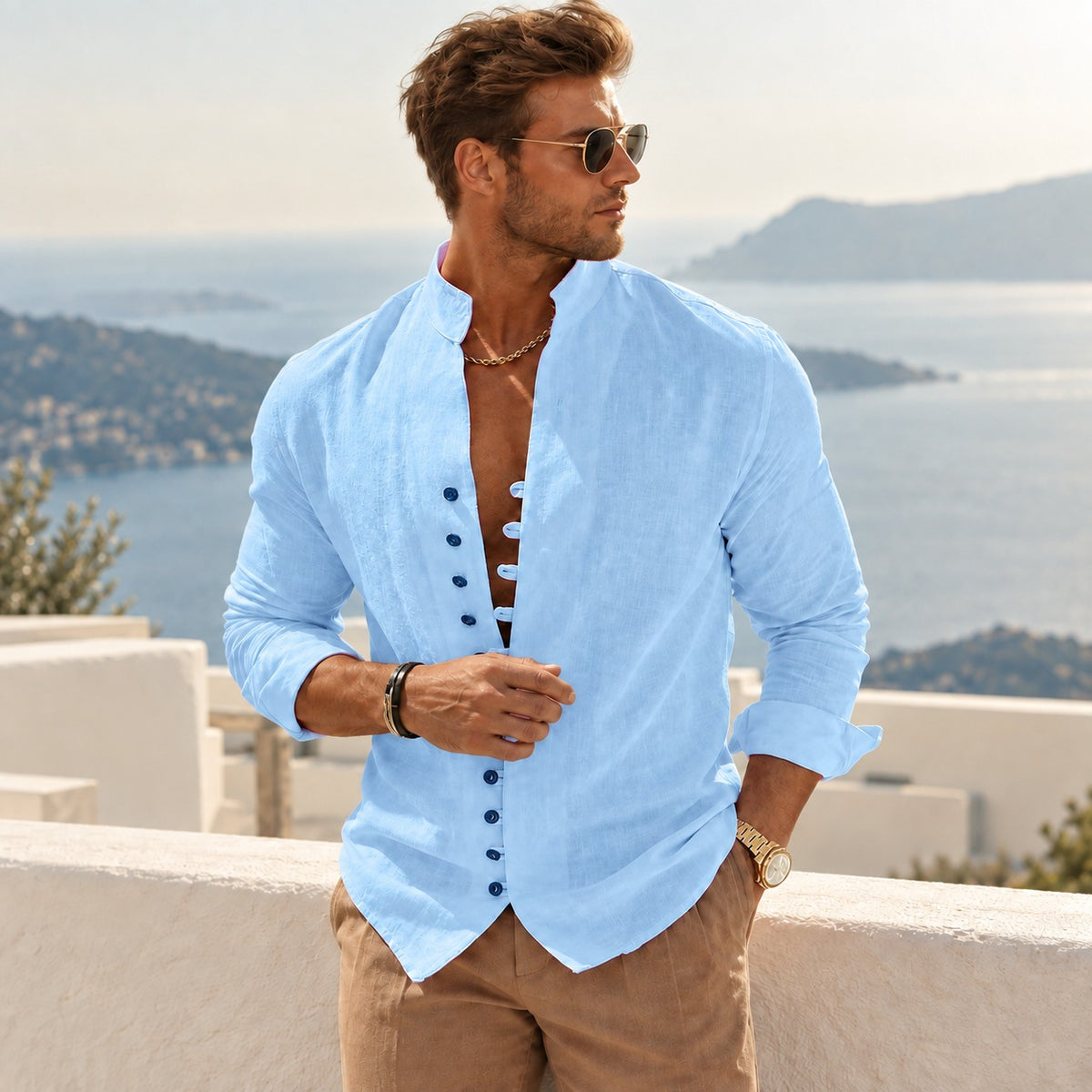 [COMPRE 1 E LEVE 2] Camisa Ferran™ em Linho de Algodão com Gola Mandarim e Estilo Old Money