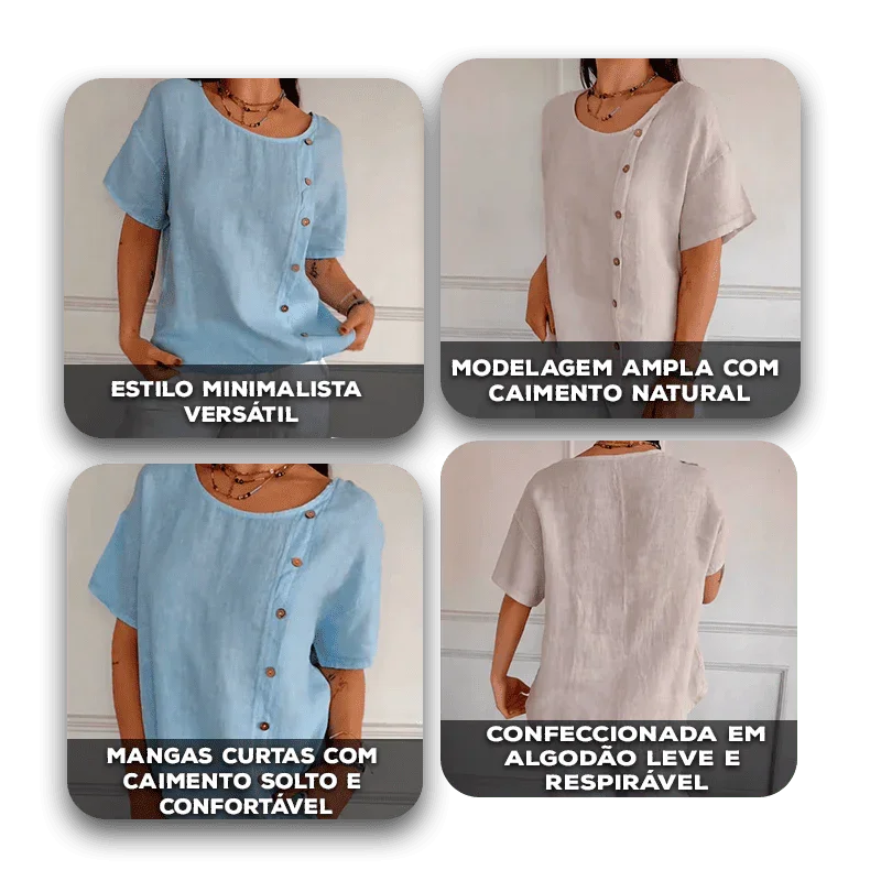 Blusa Amora™ em Algodão Leve com Botões Laterais / Toque Natural, Caimento Solto e Estilo Sem Esforço!