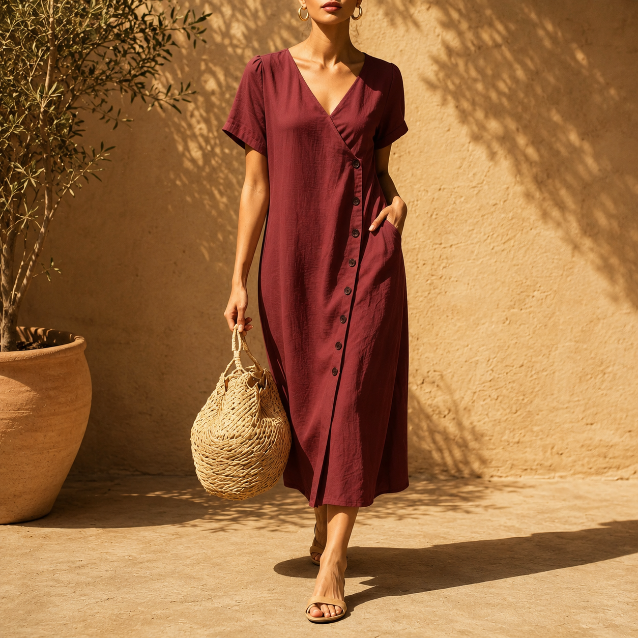 Vestido Midi Clarisa™ Com Decote em V e Botões Chiques / Um Visual Sofisticado Sem Esforço