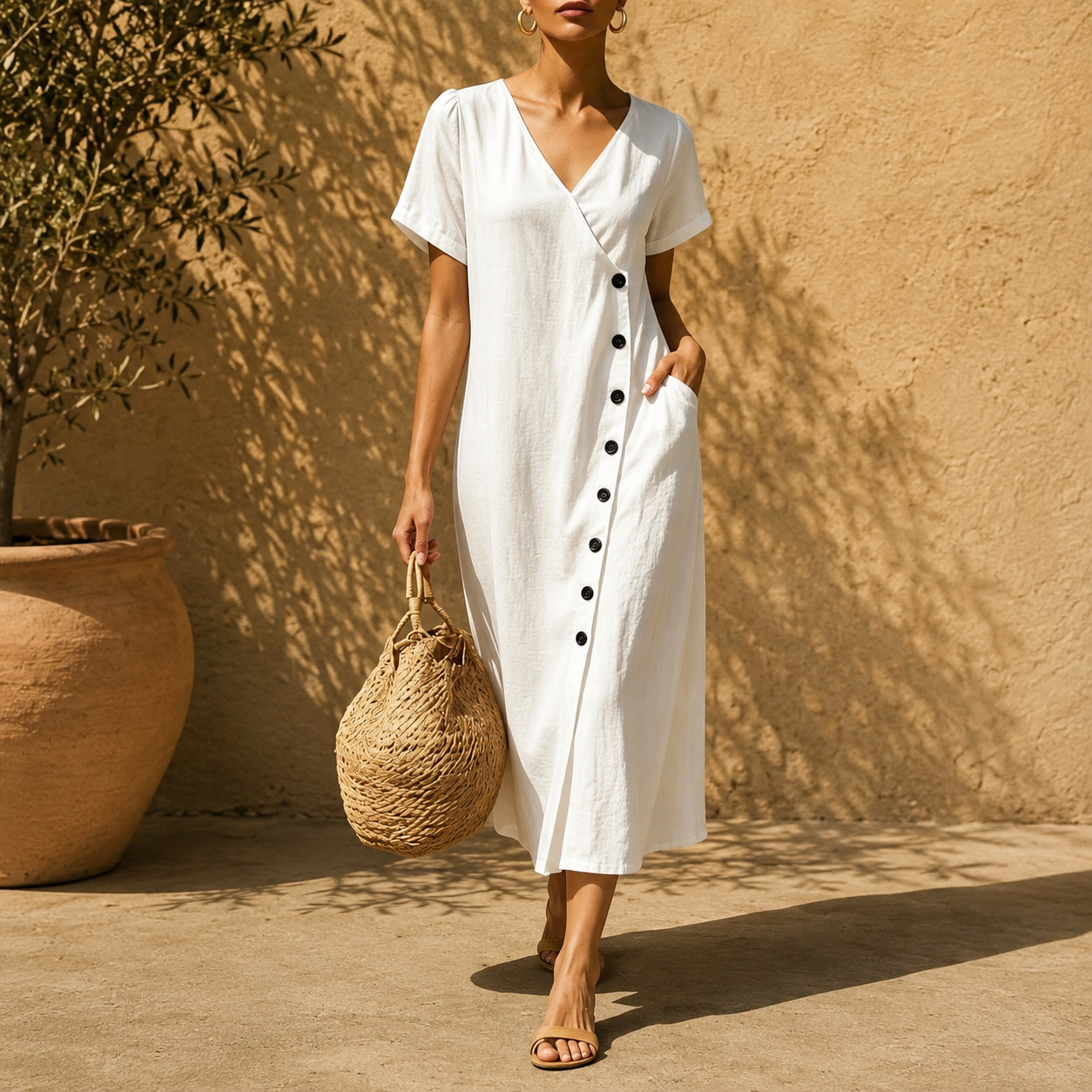 Vestido Midi Clarisa™ Com Decote em V e Botões Chiques / Um Visual Sofisticado Sem Esforço