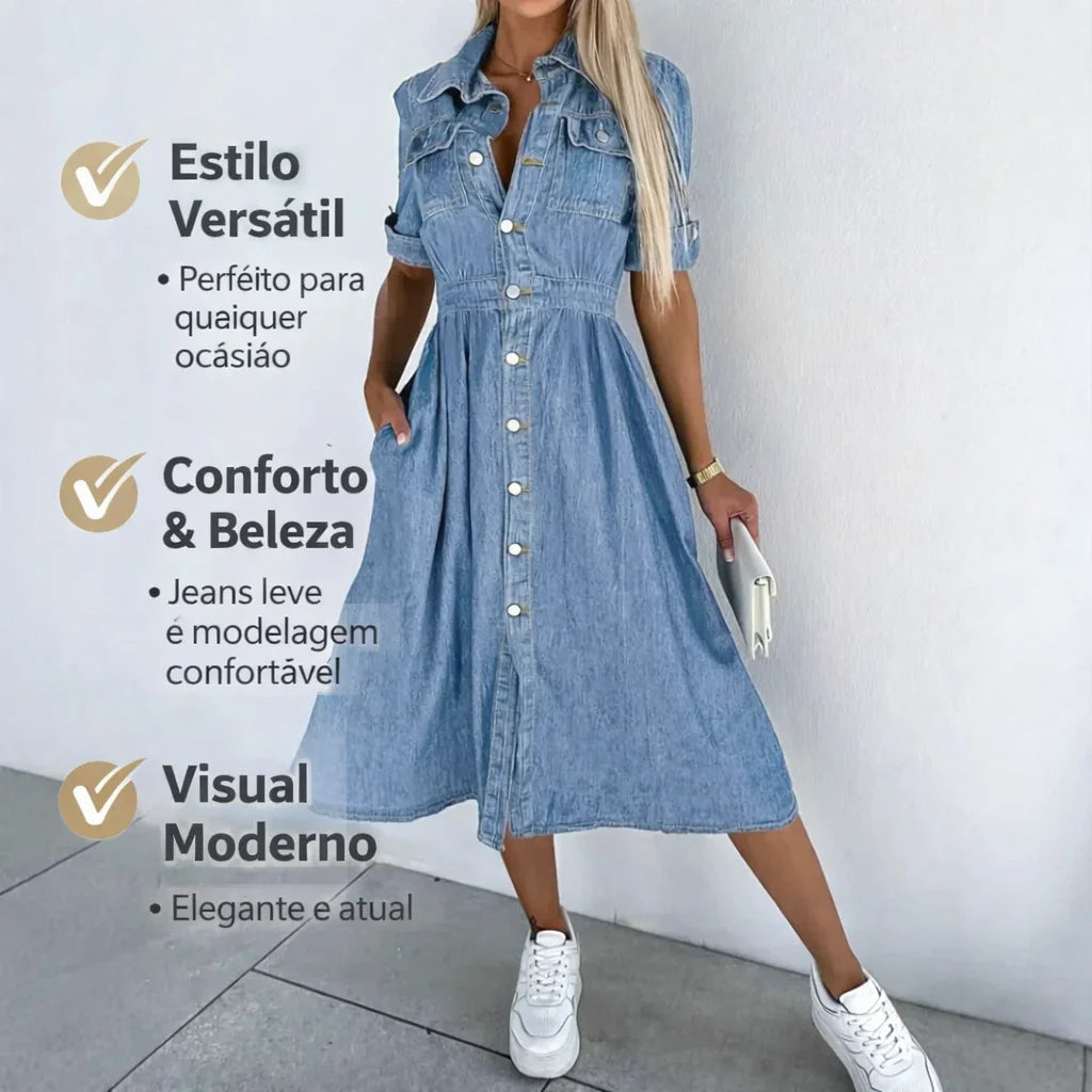 Vestido Antonelly™ em Jeans Leve com Cintura Marcada e Botões Frontais