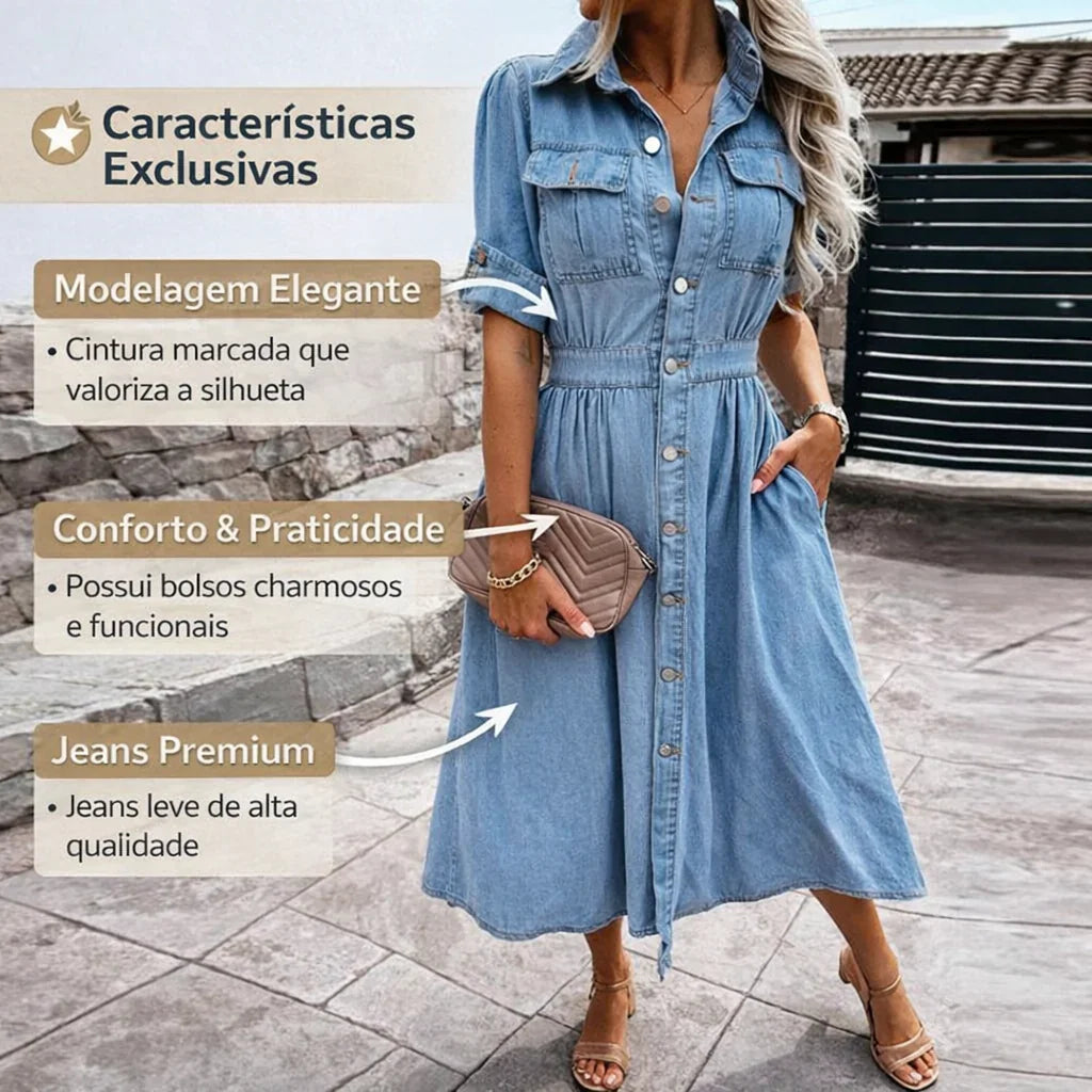 Vestido Antonelly™ em Jeans Leve com Cintura Marcada e Botões Frontais