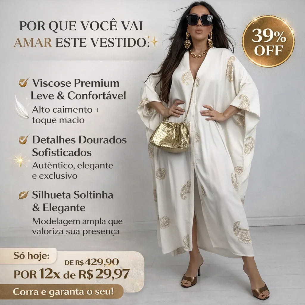 Vestido Marroquina™ Em Viscose Fluída com Adornos Dourados / Sofisticação Escultural para Mulheres de Presença Marcante!