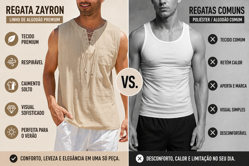 Regata Zayron™ em Linho de Algodão com Corte Moderno e Estilo Despojado - Imagem comparativa