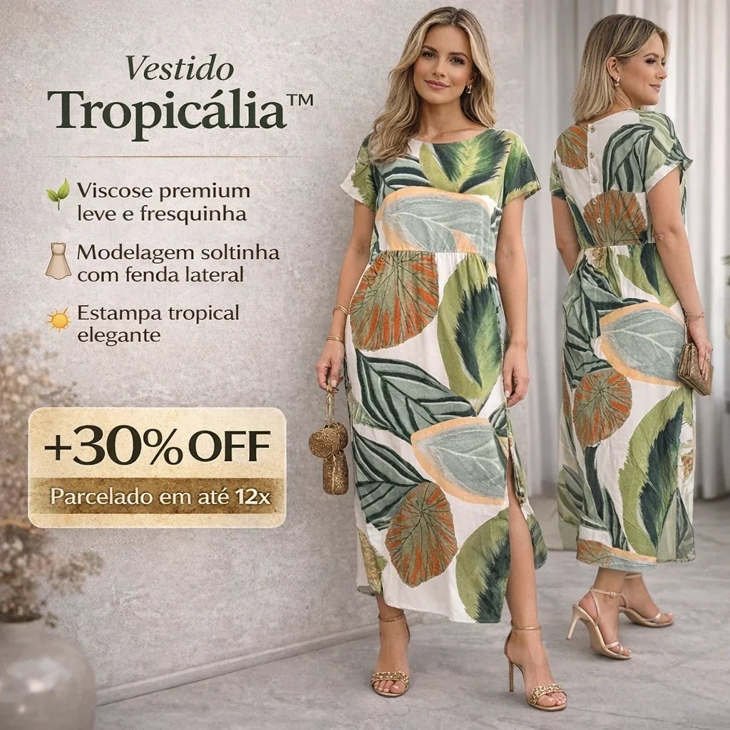 Vestido Tropicália™ em Viscose Premium com Estampa Tropical Artística / Onde o Conforto Encontra a Arte da Natureza!