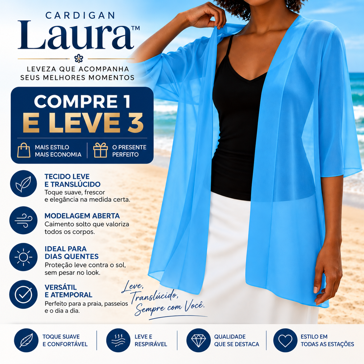 [COMPRE 1 E LEVE 3] Cardigan Laura™ com Tecido Leve e Translúcido e Modelagem Aberta / Leveza Para Sobrepor sem Pesar o Look