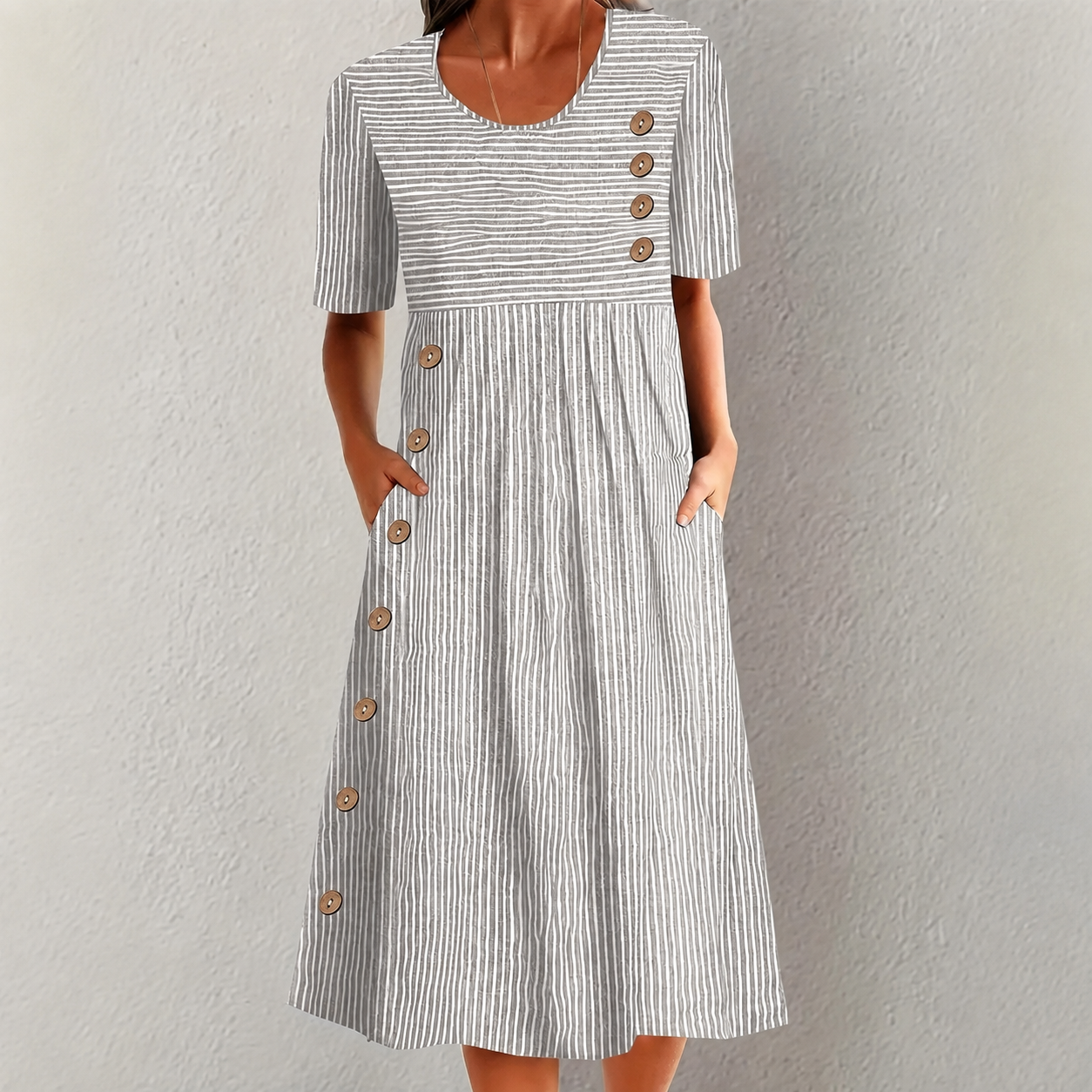 Vestido Elvanna™ com Estampa de Listras Delicadas e Botões Decorativos Chiques / Charme Retrô Para Um Visual Feminino