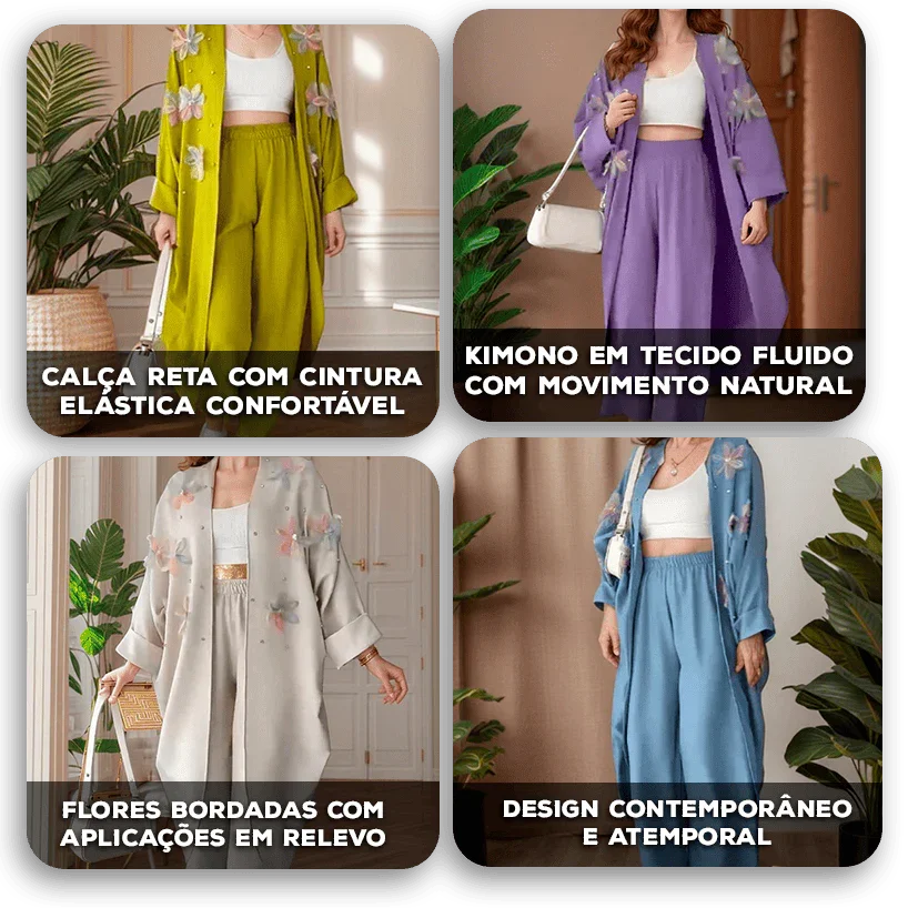 Conjunto Botanika™ com Kimono Bordado e Calça Fluida / Arte, Leveza e Estilo para Quem Vive em Harmonia com o Belo