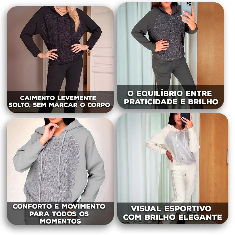 Conjunto Moonlight™ em Moletinho com Brilho Charmoso em Strass / Dê Mais Charme e Glamour para Seu Outono Inverno!!