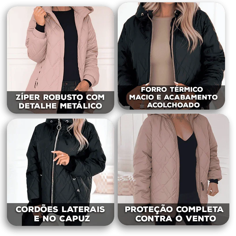Jaqueta Térmica LuxAllure™ em Matelassê Premium e Gola Alta / Conforto Quentinho com Design Sofisticado!