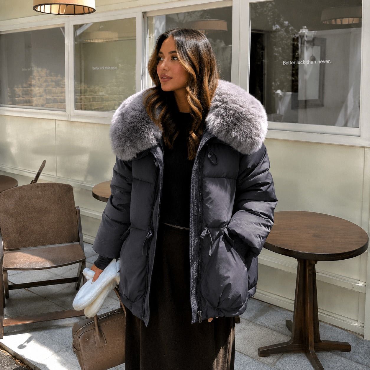 Jaqueta Dorenne™ com Puffer Premium, Gola Peluciada e Punhos Canelados