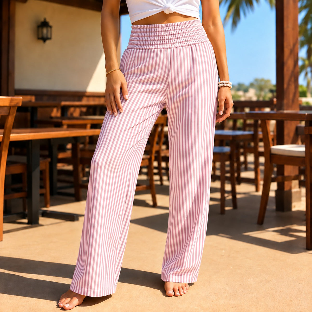 Calça Calina™ com Cintura Alta, Listras Verticais e Modelagem Pantalona