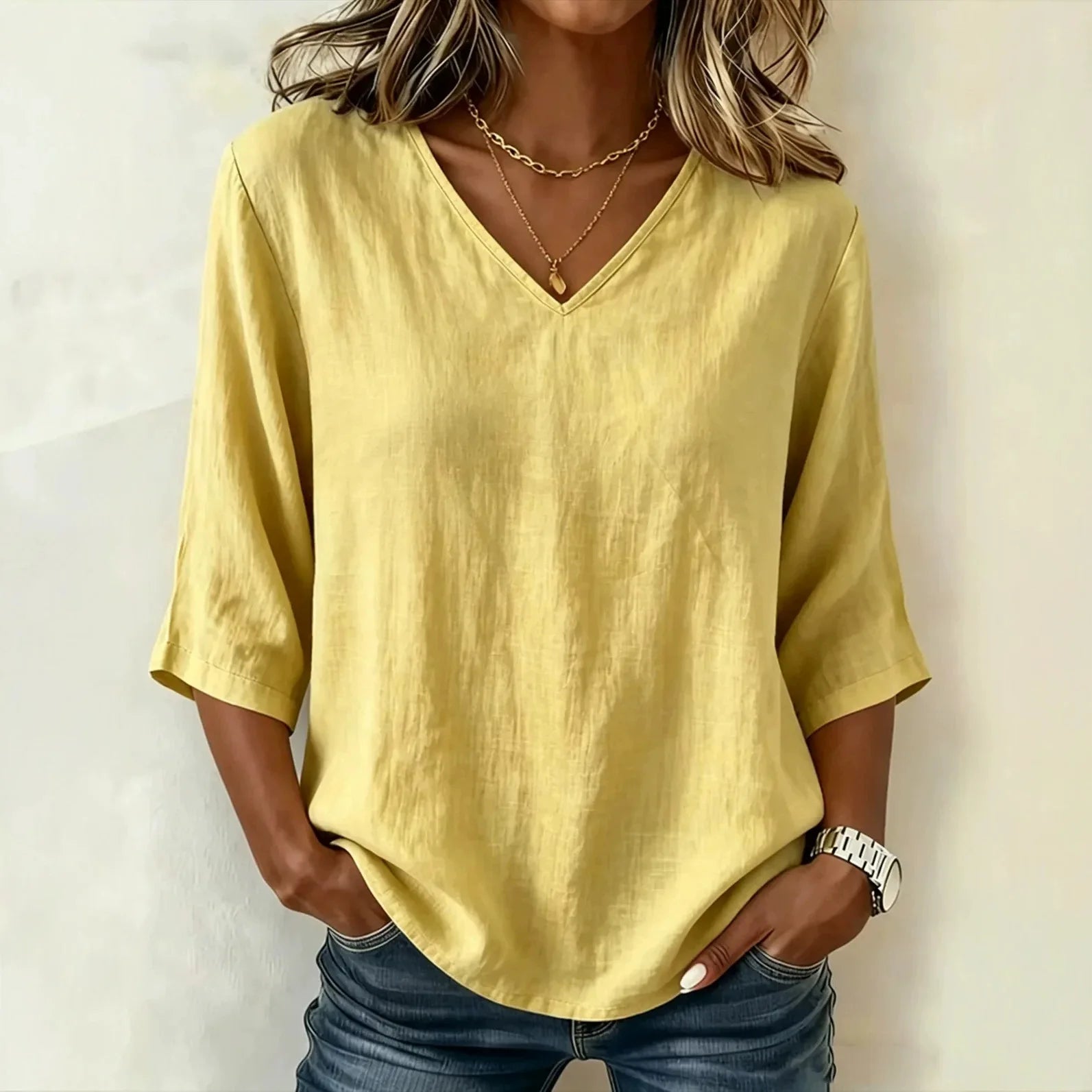 Blusa Naila™ em Linho de Algodão com Mangas 3/4, e Gola V / Conforto que Acompanha Sua Rotina