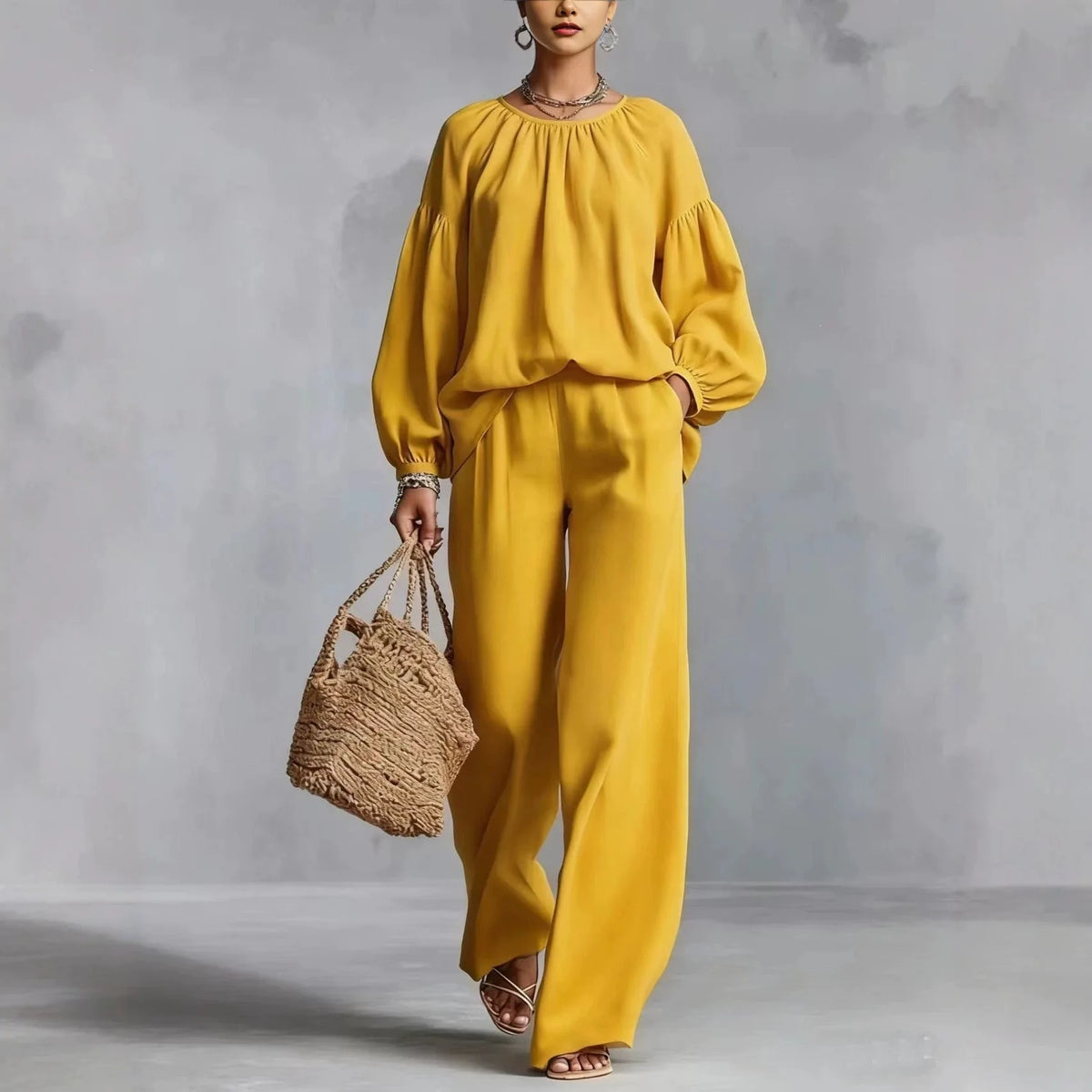 Conjunto Valdora™ em Linho de Algodão com Blusa de Mangas Bufantes e Calça Pantalona Ampla / Elegância Descontraída em Uma Silhueta Cheia de Movimento