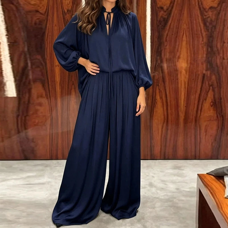 Conjunto Eleonora™ com Blusa de Gola Laço Esvoaçante e Mangas Amplas