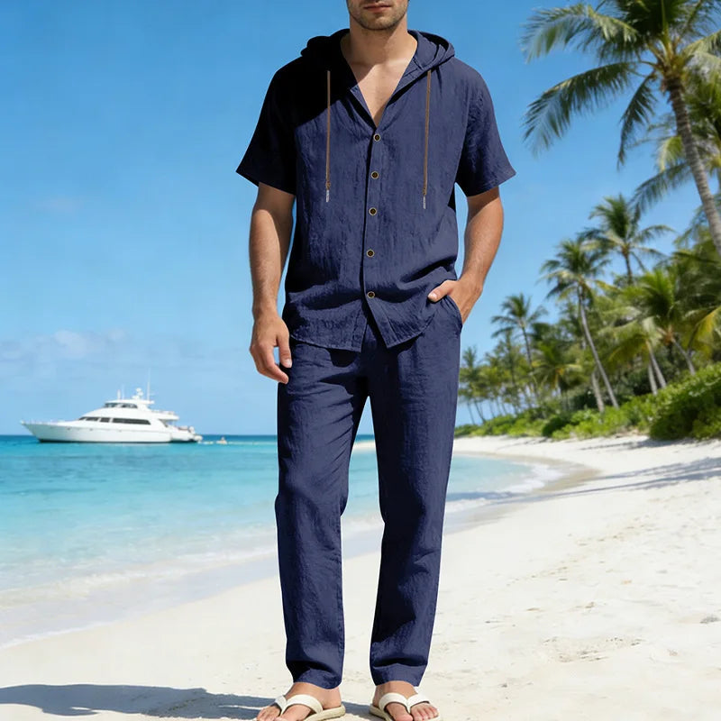 Conjunto Sorrento™ em Linho de Algodão com Camisa de Capuz e Calça Ajustável