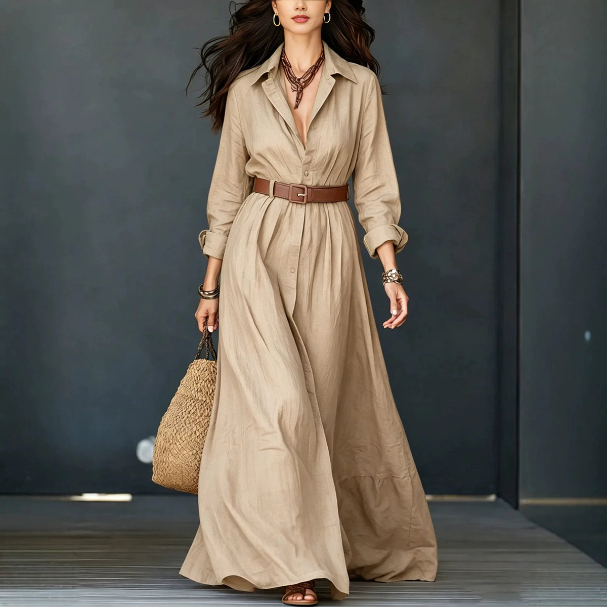 Vestido Delfina™ com Gola Elegante, Botões Minimalistas e Cinto de Brinde