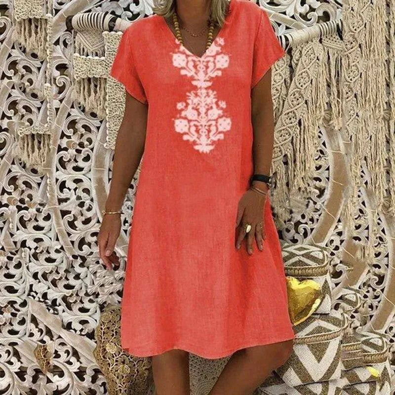 Vestido Midi Saara™ com Design Ornamental em Arabesco, Decote V e Modelagem Solta