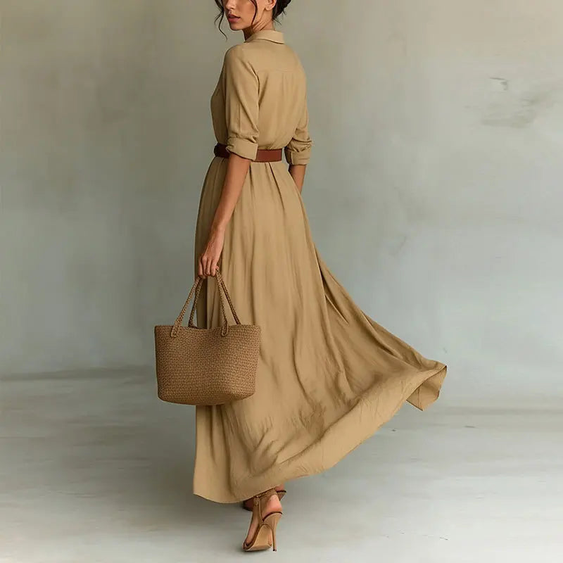 Vestido Marenza™ com Gola de Camisa, Cinto Incluso e Comprimento Longo