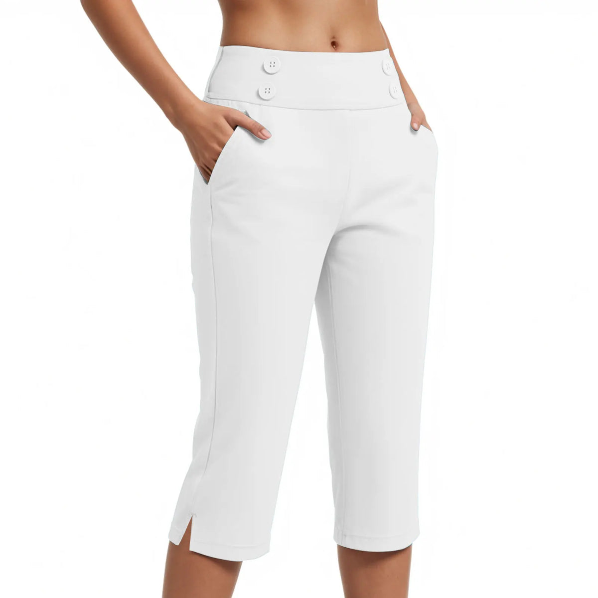 Calça Capri Simone™ com Botões Decorativos no Cós, Cintura Alta e Bolsos Laterais