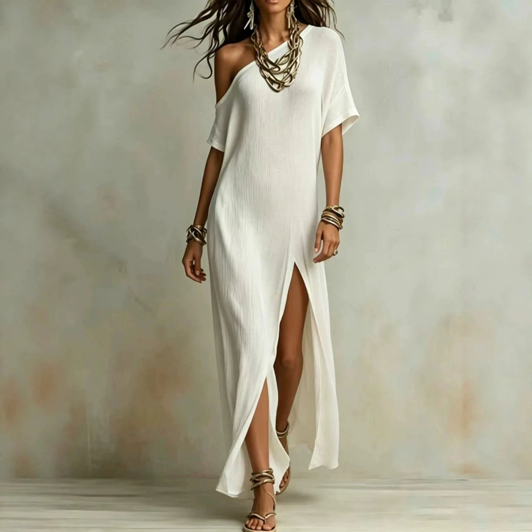 Vestido Velmara™ com Decote Assimétrico e Fenda Frontal Elegante / Elegância Minimalista Para Ocasiões Especiais