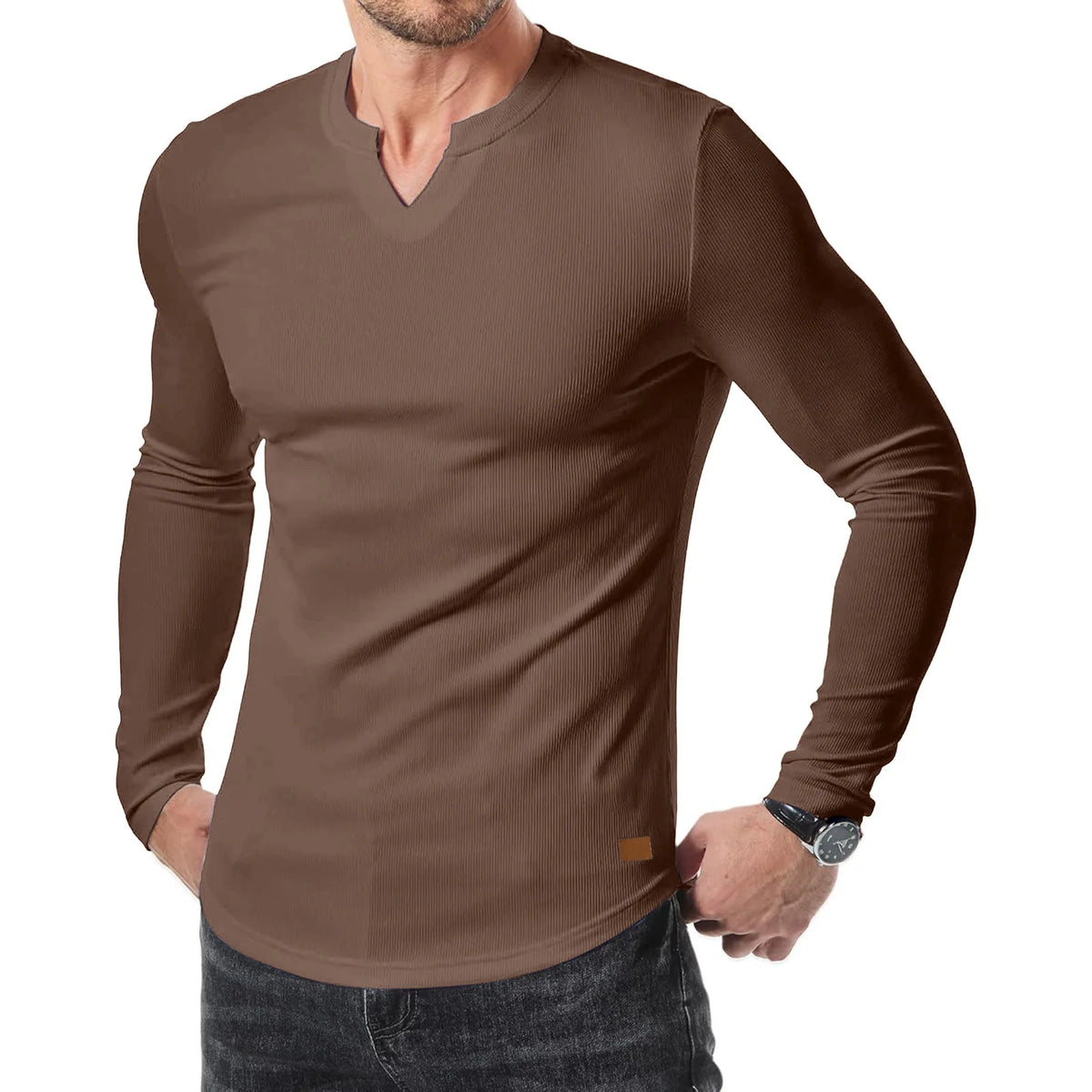 Camiseta Valério™ com Textura Canelada, Gola em V e Mangas Longas
