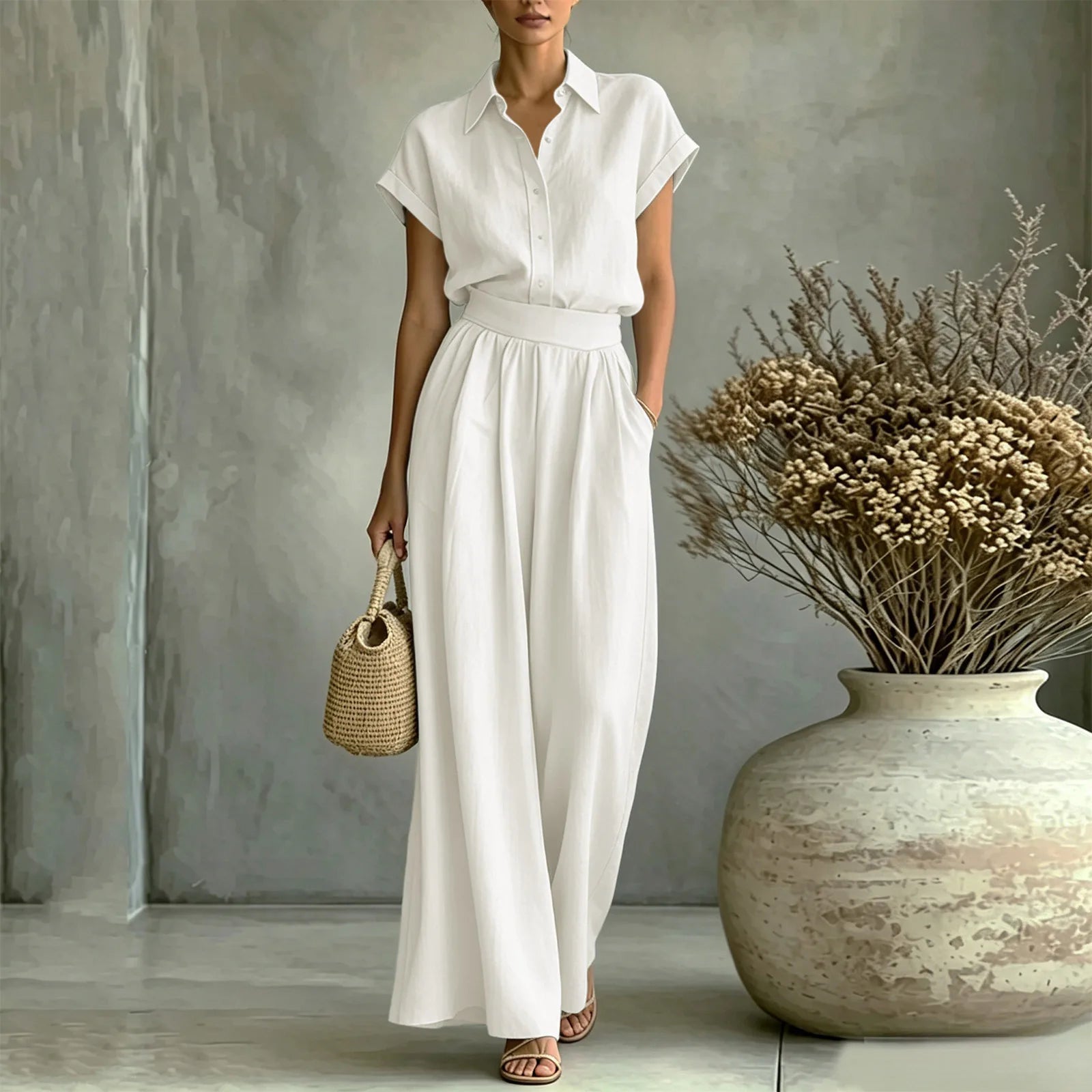 Conjunto Viona™ com Camisa de Gola Clássica e Calça de Cintura Alta / Cintura Valorizada com Leveza e Elegância