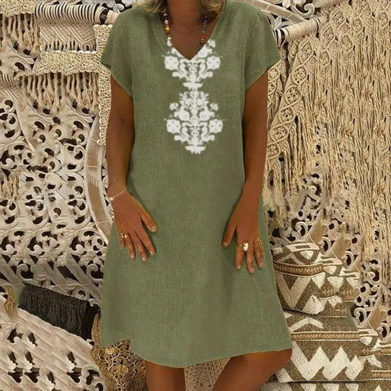Vestido Midi Saara™ com Design Ornamental em Arabesco, Decote V e Modelagem Solta