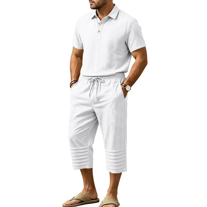 Conjunto Nicolas™ em Linho de Algodão com Camisa Polo de Manga Curta e Bermuda com Cós Elástico e Cordão