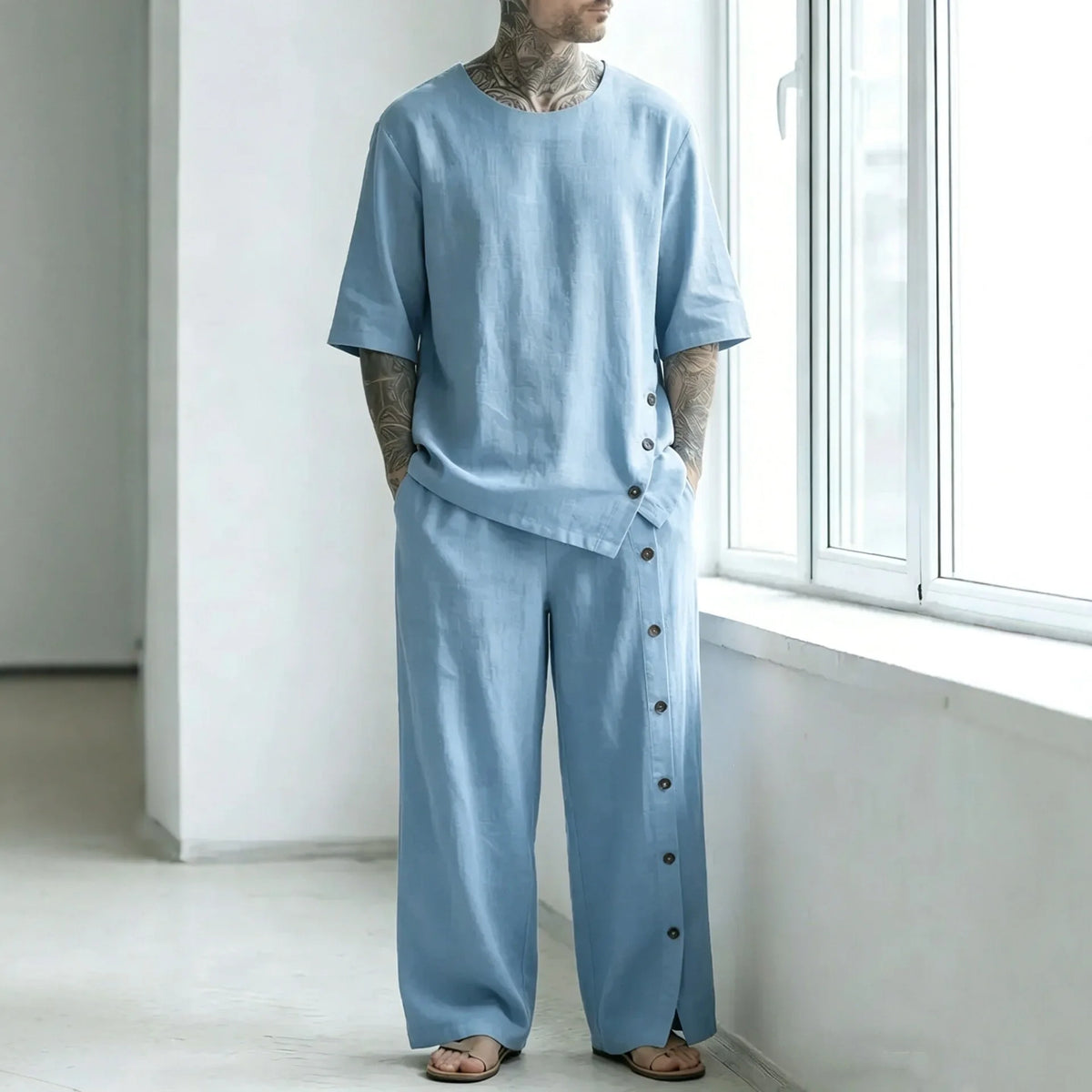 Conjunto Alessio™ com Camiseta Oversized, Calça de Modelagem Ampla e Fileira de Botões Laterais / Um Visual Minimalista com Detalhes Que Fazem Toda a Diferença
