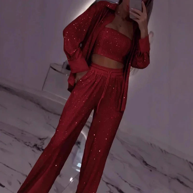 Conjunto Midnight™ com Pantalona, Top e Camisa Brilhante / O Glamour Moderno em Movimento!