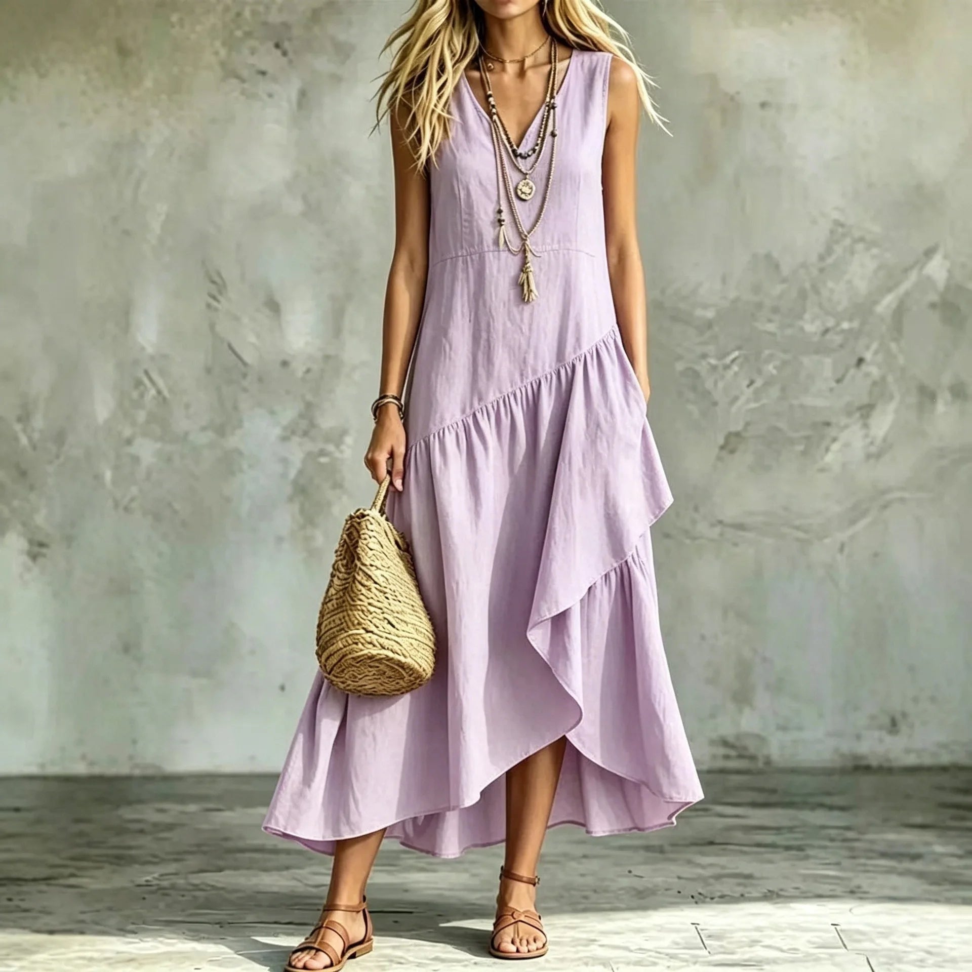 Vestido Liorah™ com Decote em V e Saia Assimétrica em Camadas Fluidas / Movimento Que Encanta Ao Caminhar