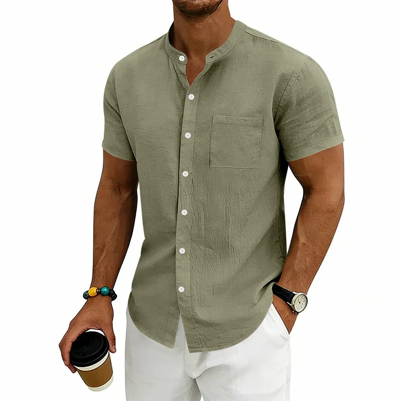 Camisa Montese™ Em Linho de Algodão Com Gola Mandarim