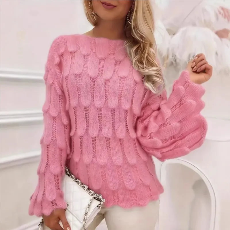 Suéter Aurora™ em Tricô Vazado com Detalhes Inspirados em Penas e Mangas Amplas