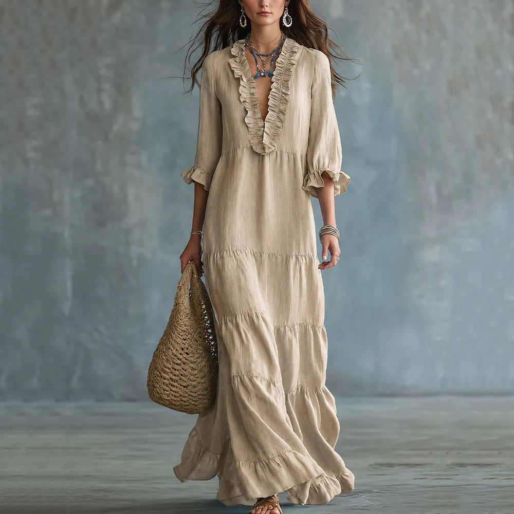 Vestido Elviane™ Longo com Decote V de Babados, Saia em Camadas e Mangas 3/4
