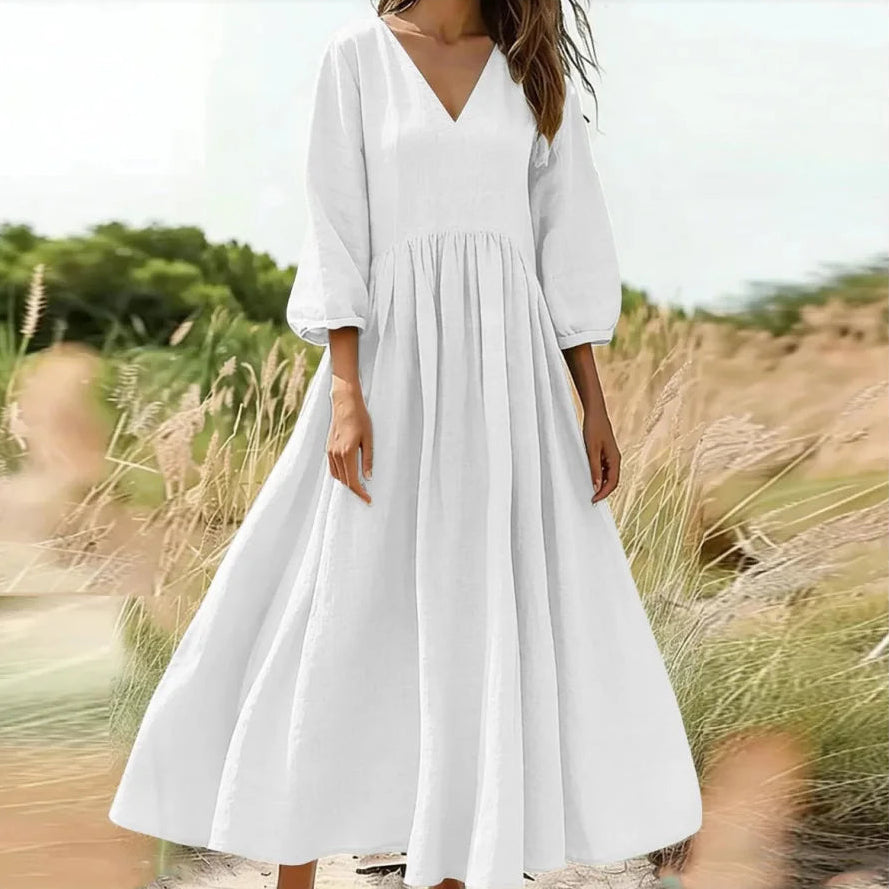 Vestido Arietta™ em Linho de Algodão com Cintura Alta Franzida e Mangas Bufantes