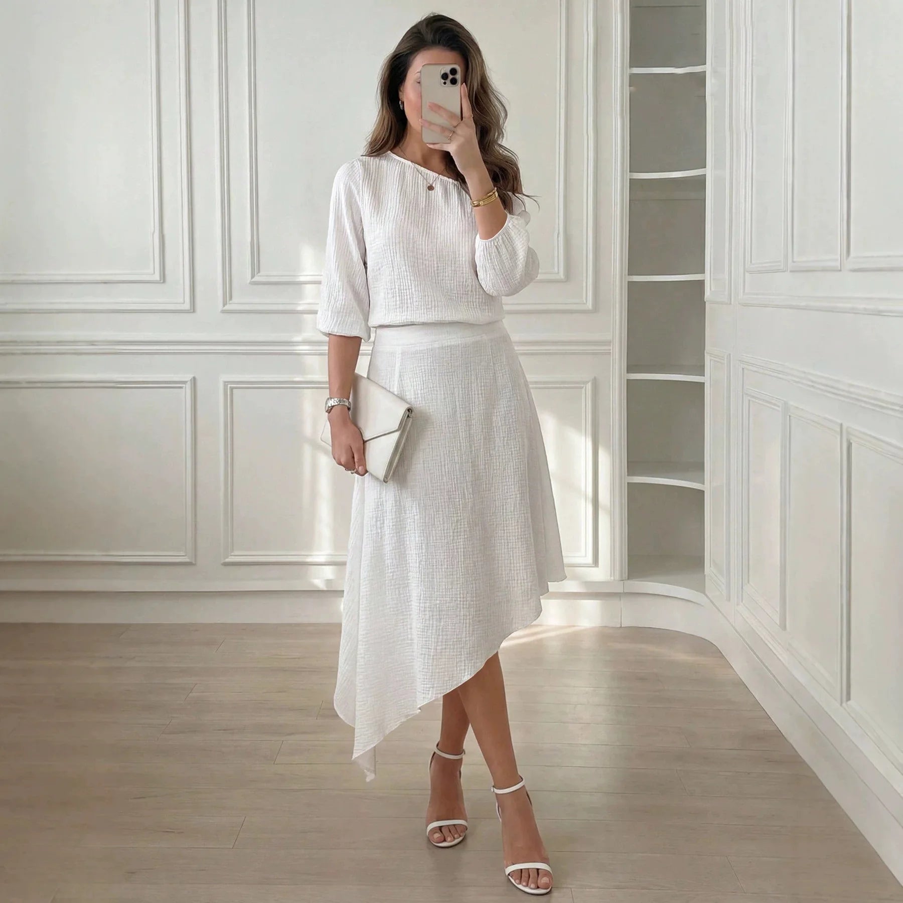 Conjunto Clarisse™ com Tecido Texturizado, Blusa de Ombro Único e Saia de Caimento Fluido