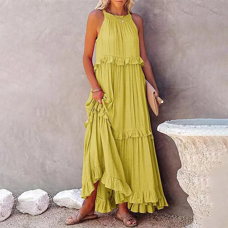 Vestido Brisa Costeira™ em Viscose Leve com Babados Evasê / Leveza e Sofisticação para Viver Seus Dias com Estilo!