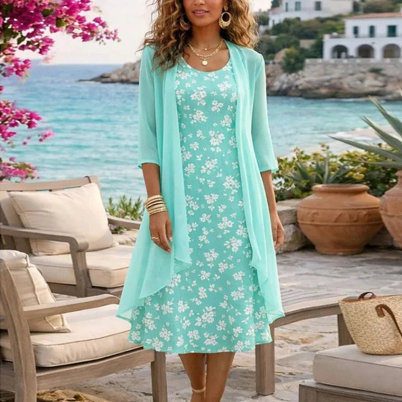 Conjunto Lavinia™ com Vestido Floral Charmoso e Cardigan Leve / Elegância Romântica Para Dias Especiais!